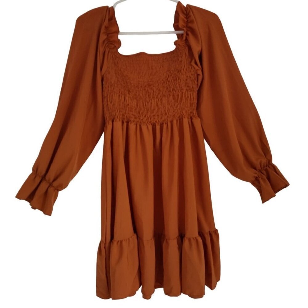 Long sleeve ruched dress in rust orange with ruffled hem, polyester. Size L NWT - Picture 3 of 10